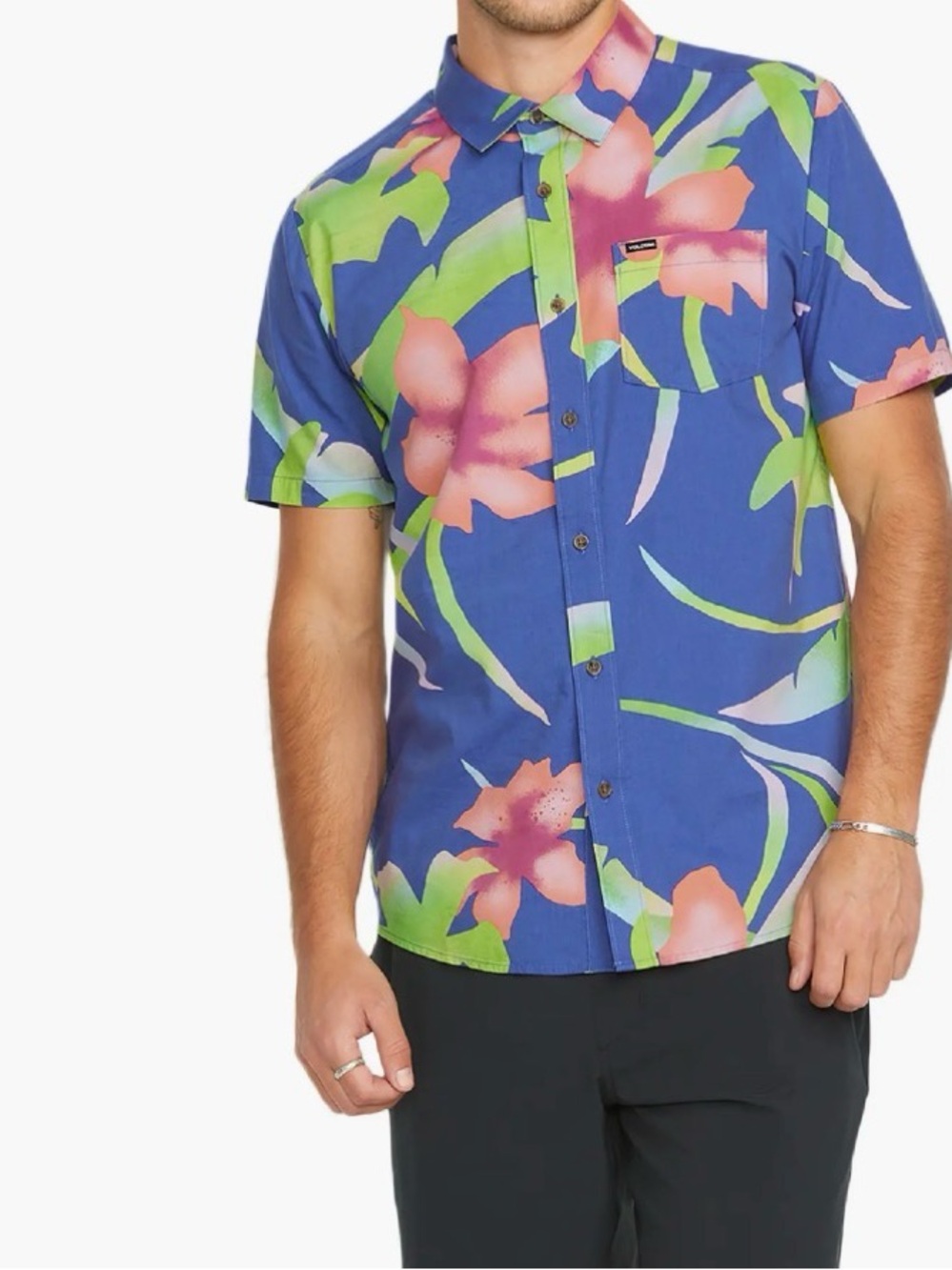 Volcom Blue Short Sleeve Floral Button-Down Shirt